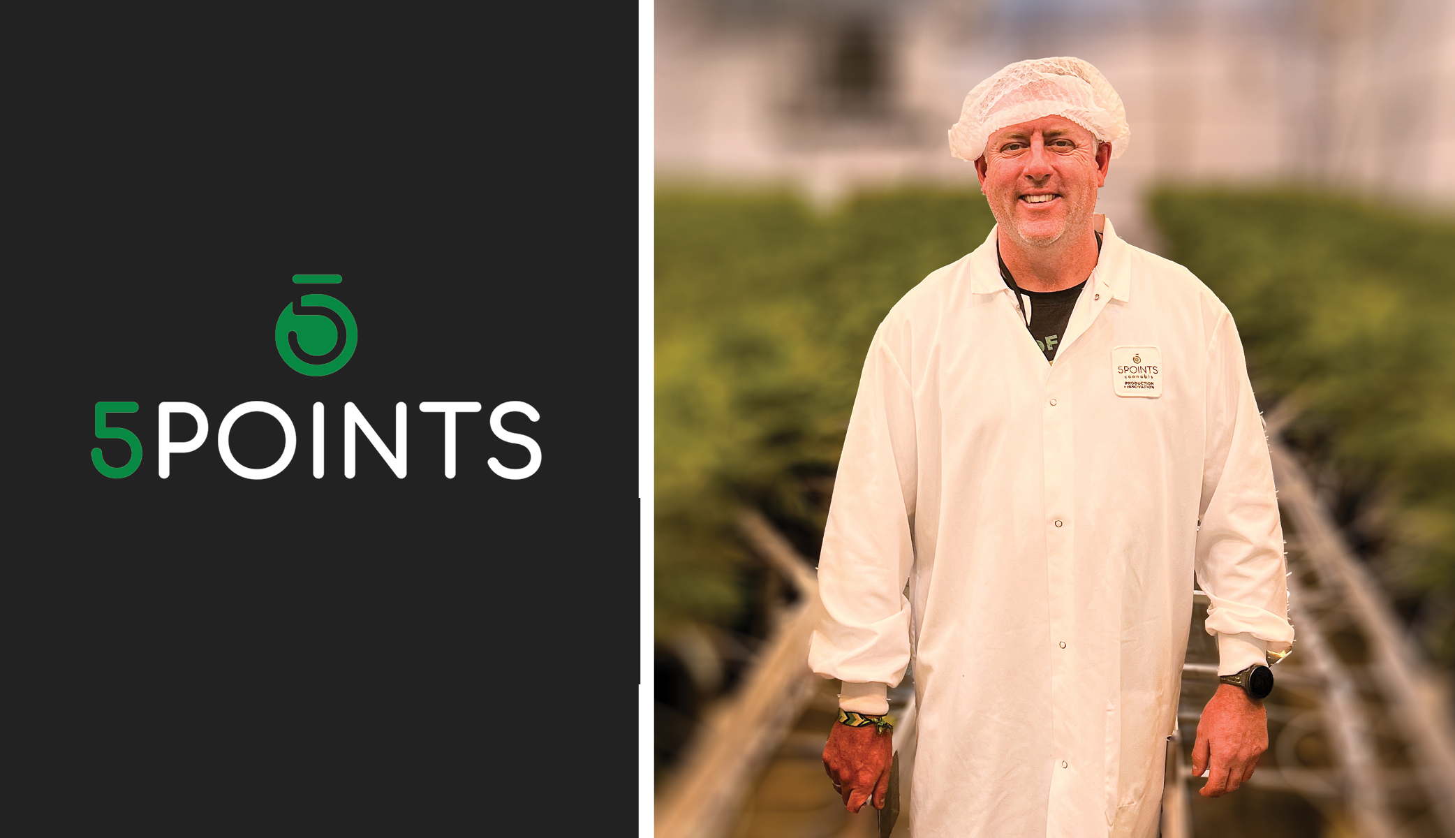 Martin Bisson from 5 Points inside their greenhouse, alongside the logo for 5 Points