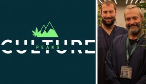 Peaks Culture logo alongside a photo of two growers in a growroom.